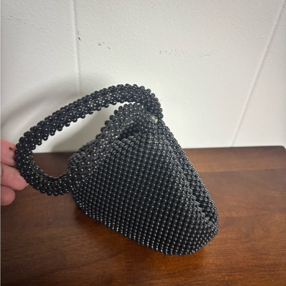 Black Beaded Top-Handle Mini Bag